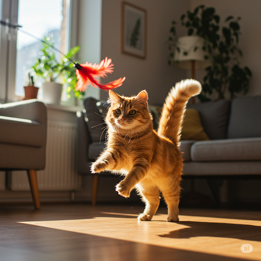 おもちゃを捕らえる真剣な猫